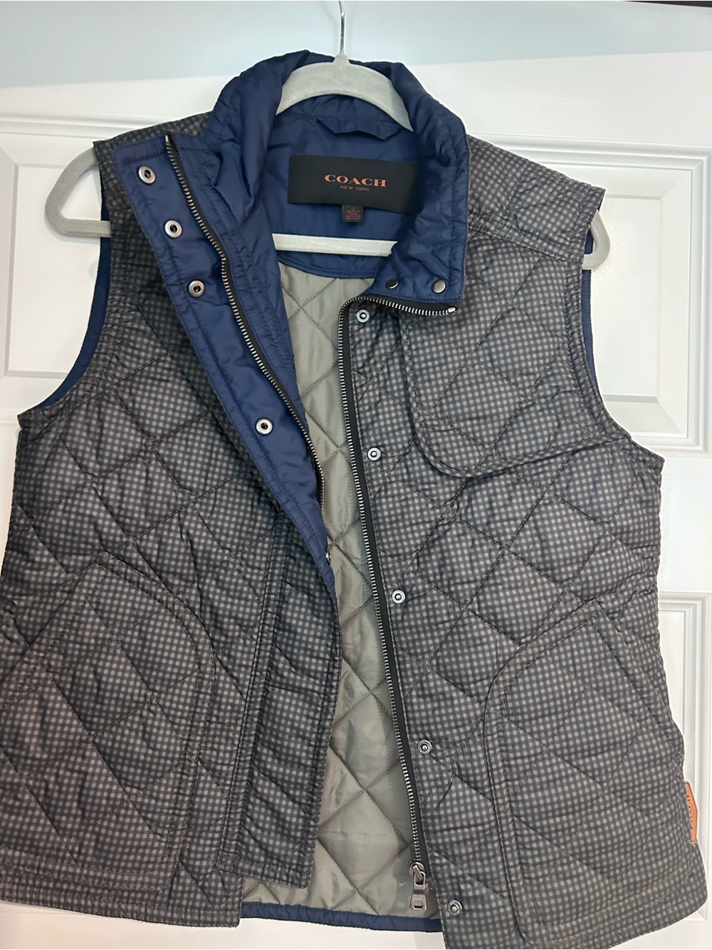COACH Quilted Grey Check Puffer Vest with Navy Trim